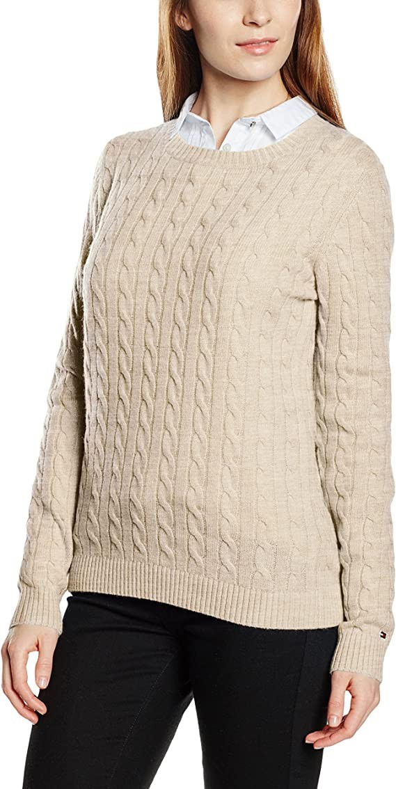 TOMMY HILFIGER Women's ivina cable c-nk swtr long sleeve sweater beige Large