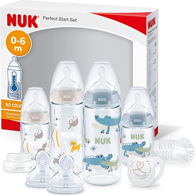 NUK Perfect Start First Choice+ Baby Bottle Set | For Babies 0-6 Months | 4 x Temperature Controlled Bottles, Pacifiers, Bottle Brush & More | BPA Free | 10 Pieces | Blue Crocodile