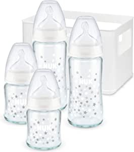 NUK First Choice Plus Bottle Starter Set, contains 4 glass baby bottles with nipple and carton, 6 months old in various designs